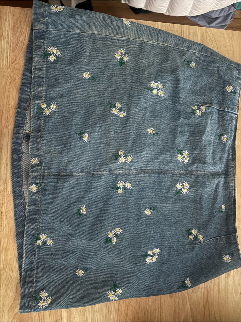 Daisy Embroidered Denim Skirt - Blue